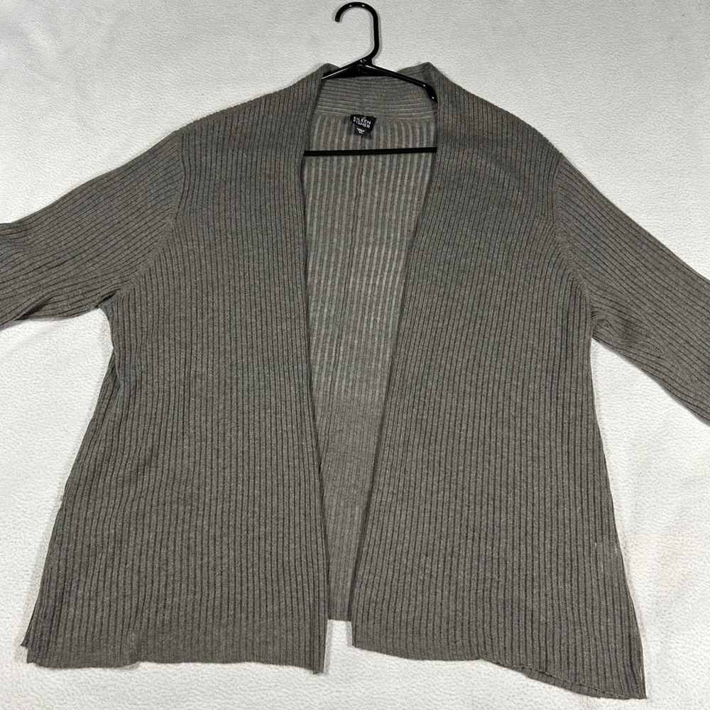 Eileen Fisher Cardigan Womens XL Grey Ribbed Knit 100% Cotton Open Front Sweater - Picture 3 of 8